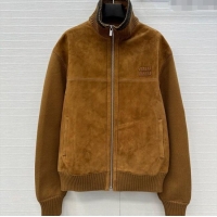 Big Discount Miu Miu Sheepskin Suede and Knit Jacket 0814 Tan Brown 2025