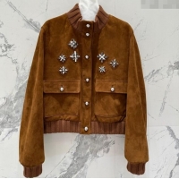 Super Quality Miu Miu Sheepskin Suede Jacket with Strass 0814 Tan Brown 2025