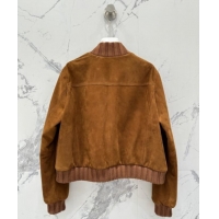 Super Quality Miu Miu Sheepskin Suede Jacket with Strass 0814 Tan Brown 2025