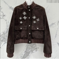 Luxury Cheap Miu Miu Sheepskin Suede Jacket with Strass 0814 Dark Brown 2025
