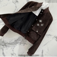 Luxury Cheap Miu Miu Sheepskin Suede Jacket with Strass 0814 Dark Brown 2025