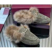 Stylish Gucci Jordaan GG Suede and Wool Flat Slipper with Horsebit Green 2025 GG102003 1020055