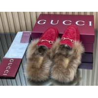 Duplicate Gucci Jordaan GG Suede and Wool Flat Slipper with Horsebit Red 2025 GG102003 1020060