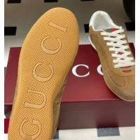 Stylish Gucci Washed-Effect Grained Leather Sneakers Brown 1021005