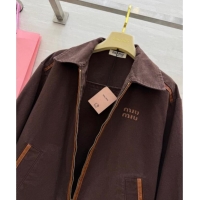 Top Quality Miu Miu Denim and Lambskin Jacket 0814 Coco Brown 2025