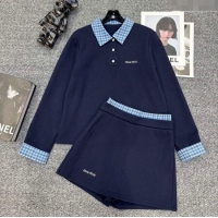 Grade Quality Miu Miu Sweatshirt and Shorts Set with Plaid Trim MIU0903014 Blue 2025