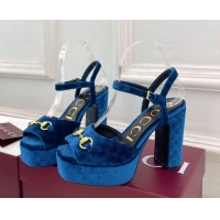 Top Design Gucci GG Velvet Platform Sandals 11.5cm with Horsebit Blue GG102101 1021043