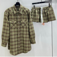 Luxury Cheap Miu Miu Wool Plaid Shirt and Shorts Set M091806 Green/Brown 2025