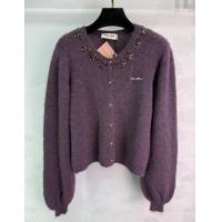 Luxury Cheap Miu Miu Wool Cardigan with Strass MM101412 Purple 2025