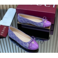 Buy Luxury Gucci GG Strass Denim and Patent Leather Ballet Flats with Double G and Bow Purple 1021059