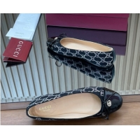 Pretty Style Gucci GG Strass Denim and Patent Leather Ballet Flats with Double G and Bow Black 1021061