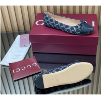 Best Price Gucci GG Strass Denim and Patent Leather Ballet Flats with Double G and Bow Dark Blue 1021062
