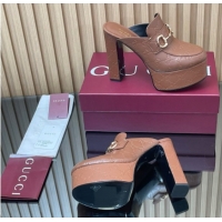  Charming Gucci GG Leather Platform Mule 13.5cm with Horsebit 835315 Brown 2025