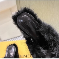 Classic Hot Fendi Arco Wedge Mules 7.5cm in Rabbit Fur Black 1030004