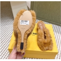 Grade Quality Fendi Arco Wedge Mules 7.5cm in Rabbit Fur Beige 1030006