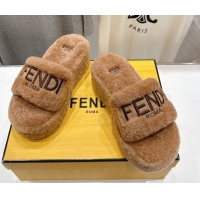 Sumptuous Fendi Sunshine Platform Slides Sandal in Shearling Wool Light Brown 2025 FE103001