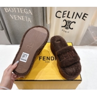 Duplicate Fendi Sunshine Platform Slides Sandal in Shearling Wool Dark Brown 2025 FE103001 1030010