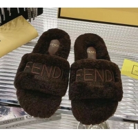 Best Grade Fendi Flat Slides Sandal in Shearling Wool Dark Brown 2025 FE103002 1030012