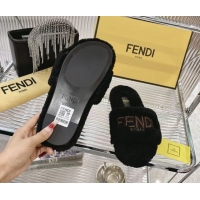 Cheap Price Fendi Flat Slides Sandal in Shearling Wool Black 1030014