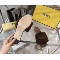 Top Design Fendi Flat Slides Sandal in Shearling Wool Dark Brown 2025 FE103003 1030015