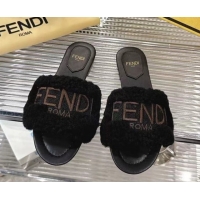 Popular Style Fendi Flat Slides Sandal in Shearling Wool Black 2025 FE103003 1030017