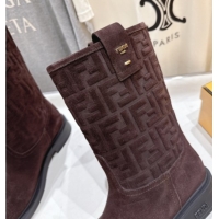 Low Cost Fendi Filo Flat Ankle Boots in FF Suede Dark Brown 2025 FE103004 1030023