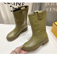 Most Popular Fendi Filo Flat Ankle Boots in Calf Leather Green 2025 FE103004 1030028