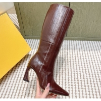 Stylish Fendi Arco Heel High Boots 9.5cm in Hagfish Embossed Leather Dark Brown 1030032