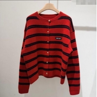 Luxury Cheap Miu Miu Wool Cashmere Striped Cardigan M110541 Red 2025