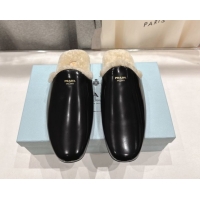 Sumptuous Prada Brushed Leather and Wool Flat Mules Black 1S008O 1027002