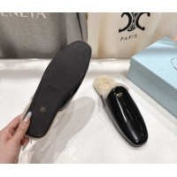 Sumptuous Prada Brushed Leather and Wool Flat Mules Black 1S008O 1027002