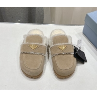Stylish Prada Suede and Shearling Slippers Beige 2025 PR101107 1027003