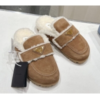 Best Price Prada Suede and Shearling Slippers Brown2 2025 PR101107 1027005