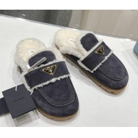 Good Quality Prada Suede and Shearling Slippers Dark Grey 2025 PR101107 1027006