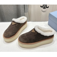 Classic Hot Prada Suede and Wool Platform Mules Dark Brown 2025 1S715N 1027007