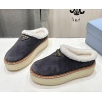 Good Looking Prada Suede and Wool Platform Mules Dark Grey 1S715N 1027009