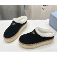 Good Quality Prada Suede and Wool Platform Mules Black 2025 1S715N 1027011