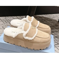 Popular Style Prada Suede and Shearling Platform Mules 4cm Beige 1XZ778 1027012