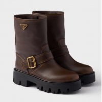 Super Quality Prada Logo Leather Biker Boots 19287 Brown 2025