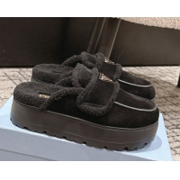 Top Design Prada Suede and Shearling Platform Mules 4cm Black 2025 1XZ778 1027015