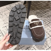 Grade Quality Prada Suede and Shearling Platform Mules 4cm Dark Brown 1XZ778 1027016