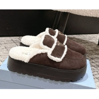 Stylish Prada Suede and Shearling Platform Mules 4cm Dark Brown 2025 PR101107 1027017