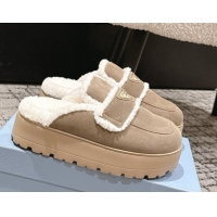 Best Grade Prada Suede and Shearling Platform Mules 4cm Taupe 2025 PR101107 1027018