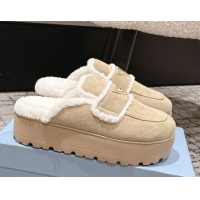 Low Cost Prada Suede and Shearling Platform Mules 4cm Beige 2025 PR101107 1027020