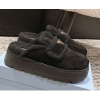 Durable Prada Suede and Shearling Platform Mules 4cm Black 2025 PR101107 1027021
