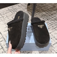 Best Product Prada Suede and Shearling Platform Mules 4cm Black 2025 PR102702 1027022