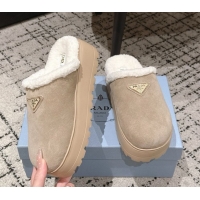 Hot Style Prada Suede and Shearling Platform Mules 4cm Taupe 2025 PR102702 1027023