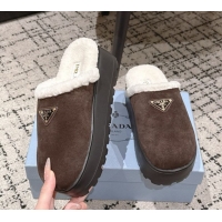 Shop Duplicate Prada Suede and Shearling Platform Mules 4cm Dark Brown 2025 PR102702 1027024
