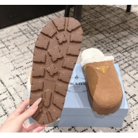 Luxury Discount Prada Suede and Shearling Platform Mules 4cm Brown2 2025 PR102702 1027025