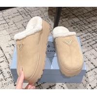 Luxury Prada Suede and Shearling Platform Mules 4cm Beige 2025 PR102702 1027026